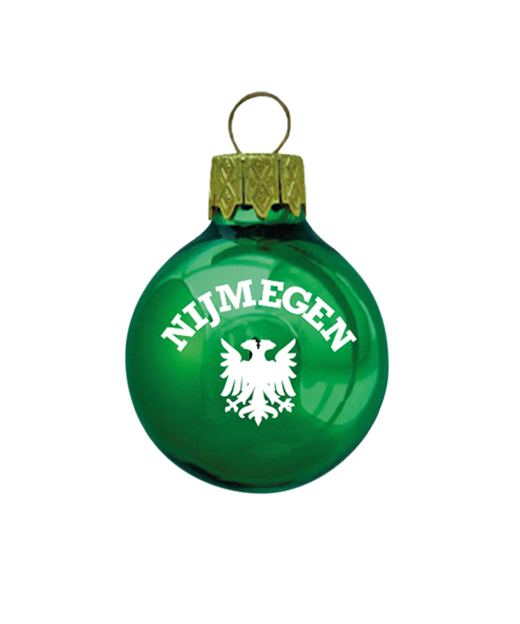 Prachtige groene kerstbal met het wapen van Nijmegen voor kerstmis. Een leuke must-have voor elke kerstboom