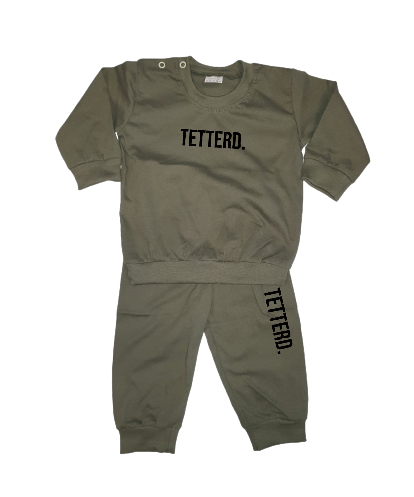 Baby pyjama army groen met de tekst Tetterd in het zwart