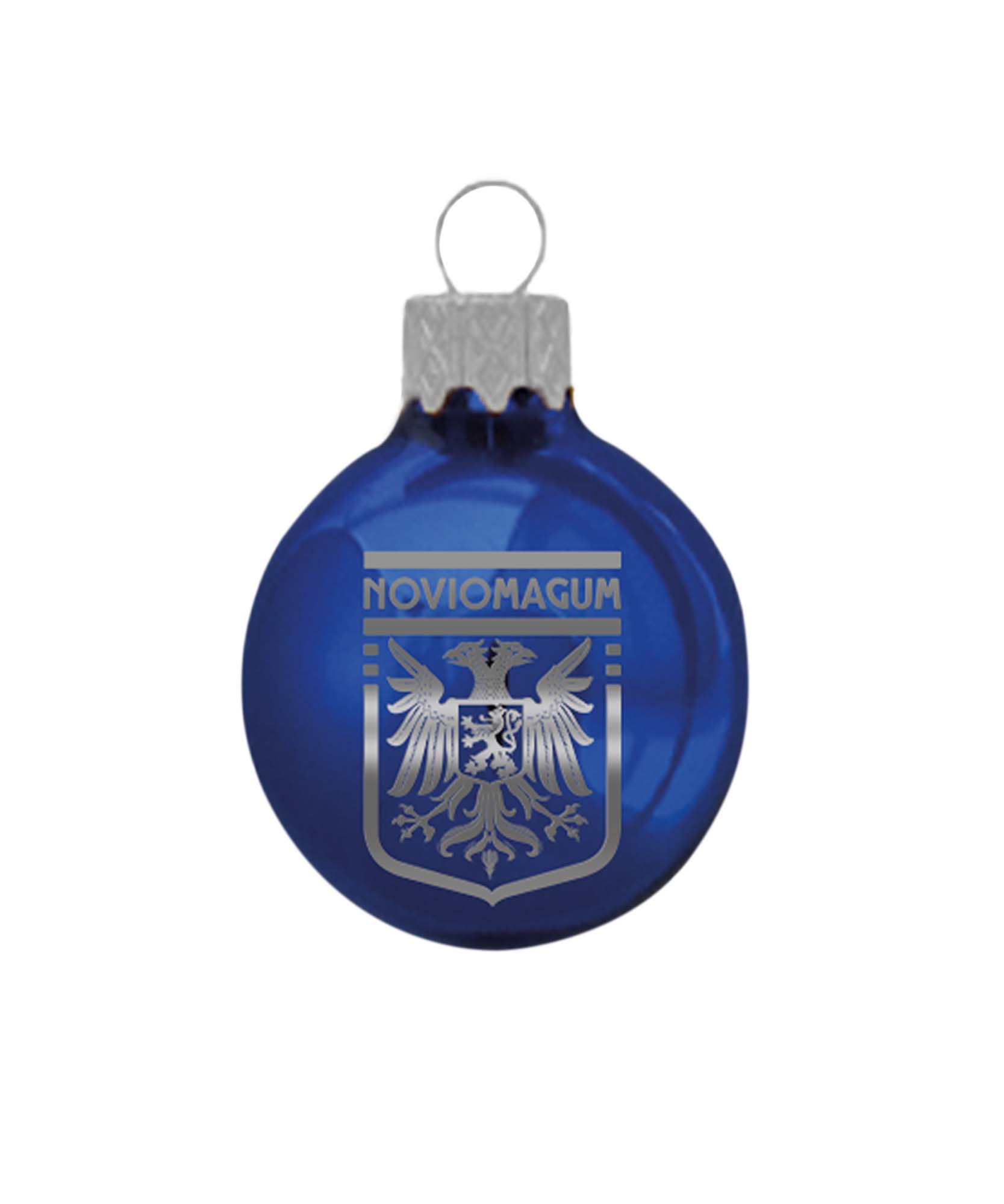 Prachtige blauwe kerstbal met het 'Noviomagum' wapen van Nijmegen erop voor kerstmis. Een leuke must-have voor in elke kerstboom