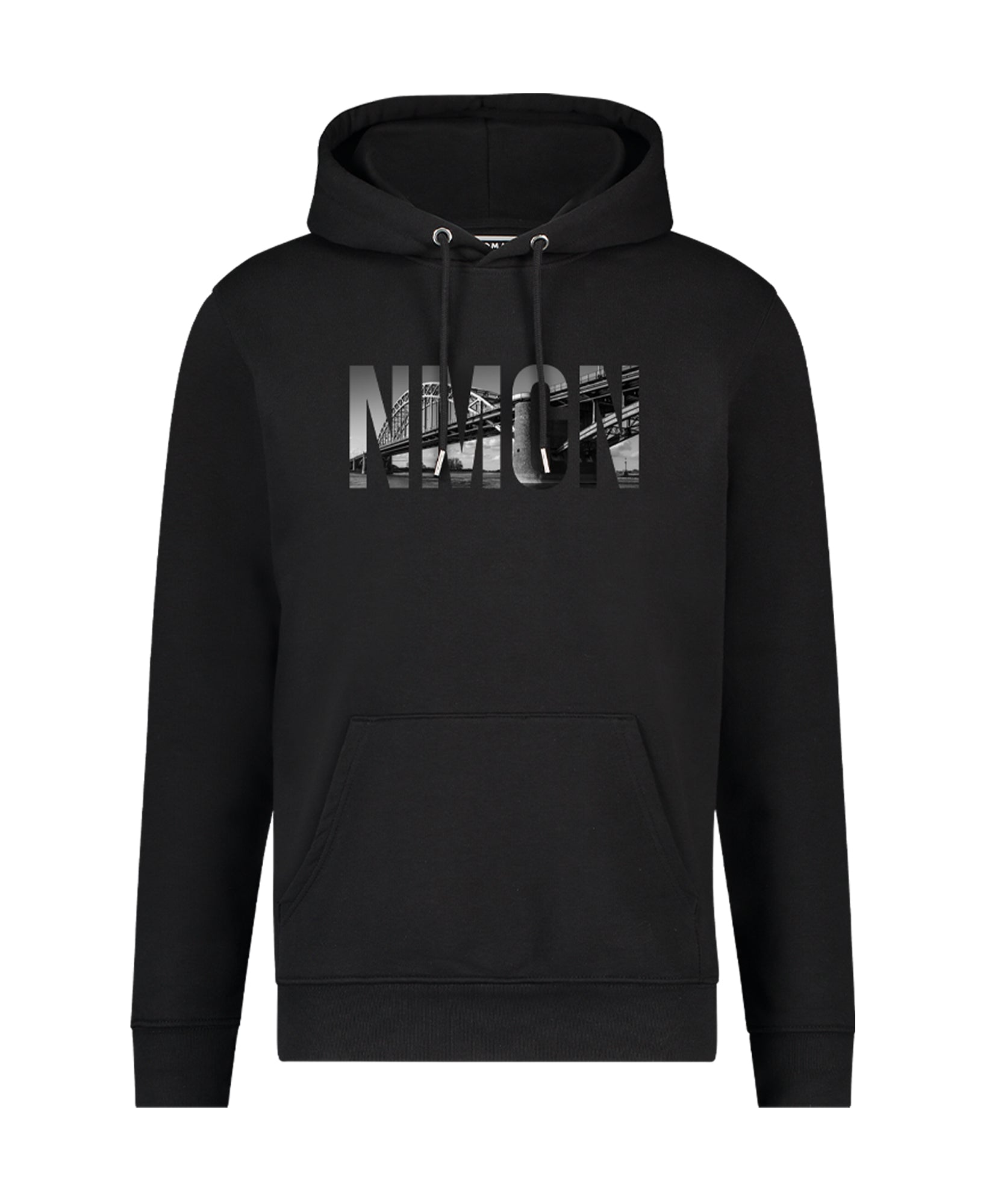 Zwarte Nijmegen hooded sweater hoodie met capuchon en NMGN waalbrugprint