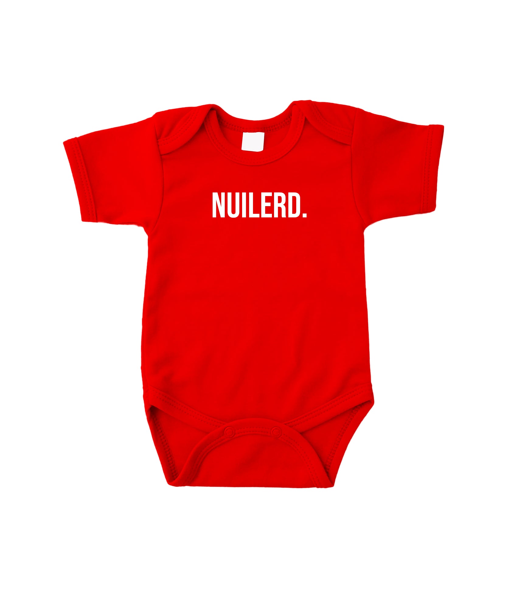 Baby romper in het rood met de tekst Nuilerd in het wit