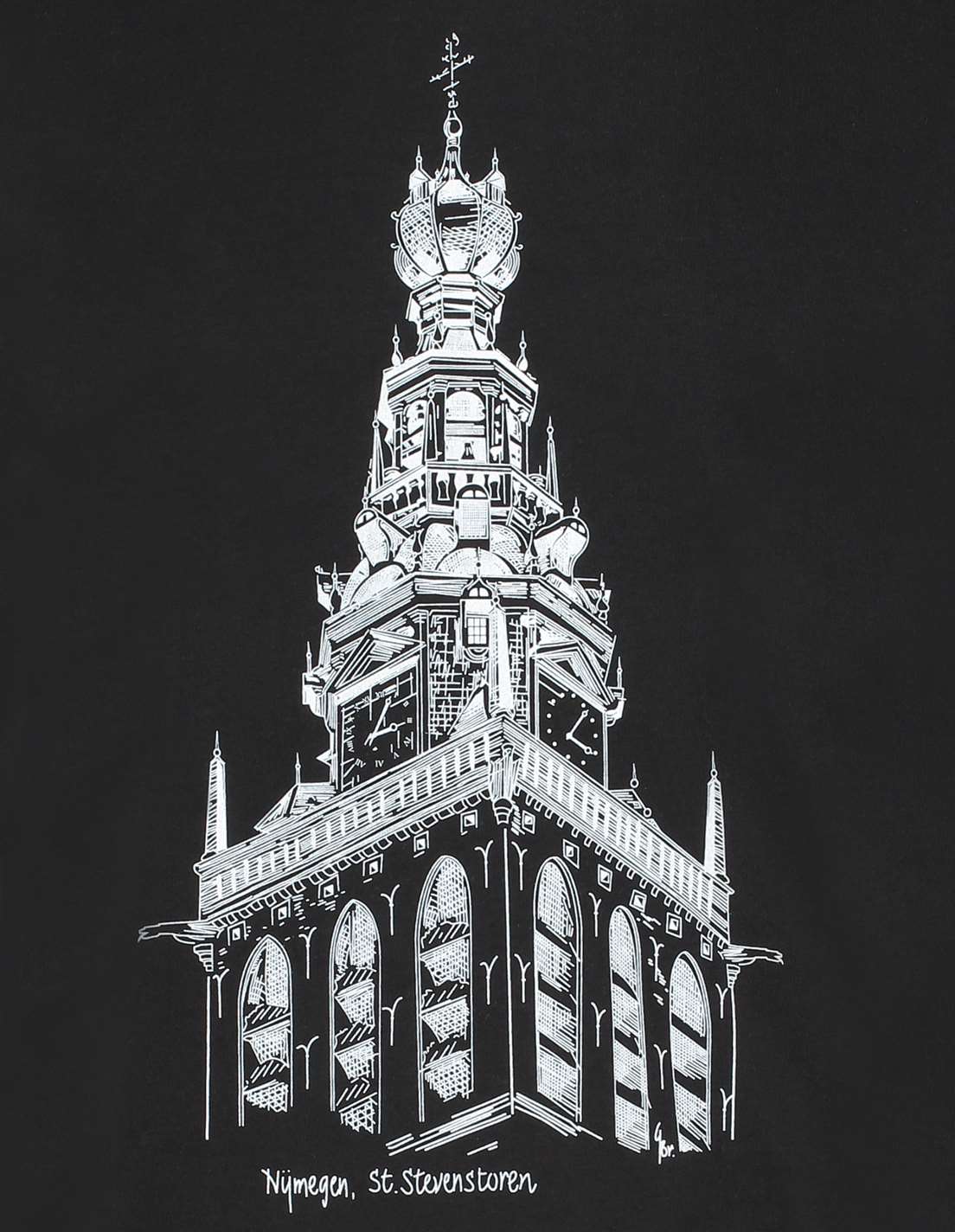 Zwart t-shirt met St Stevens kerk print in het wit