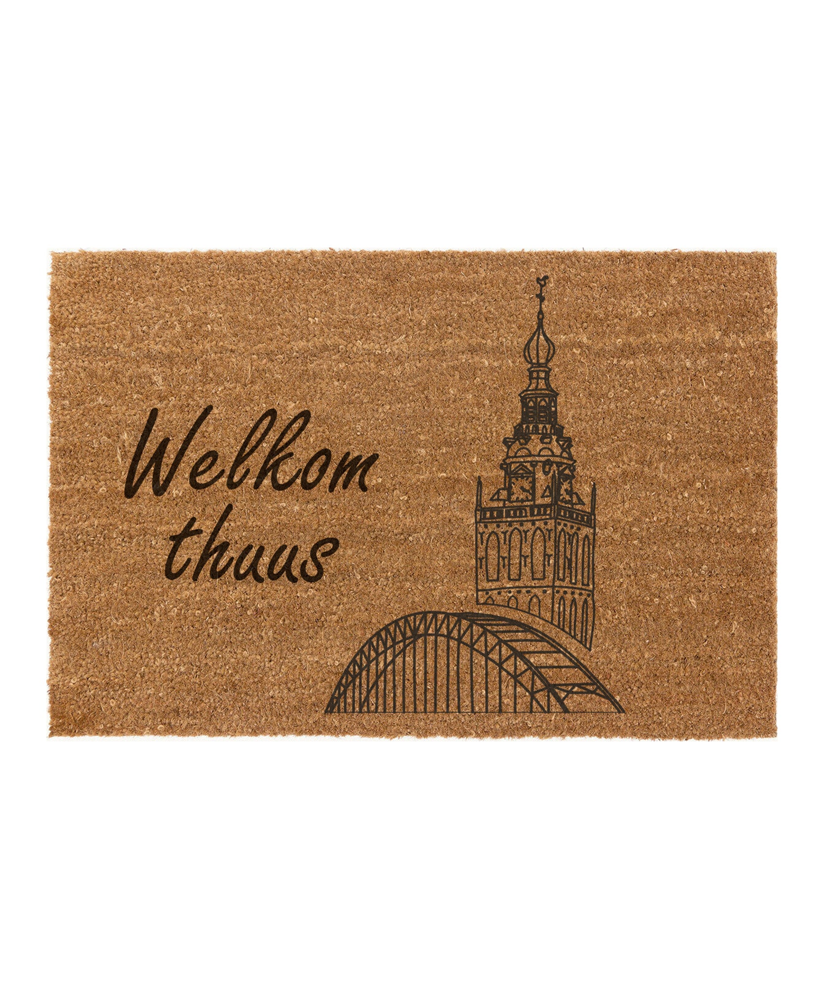 Deurmat met de tekst ''Wwelkom thuus'' en een print van de St. Stevenstoren en de waalbrug.
