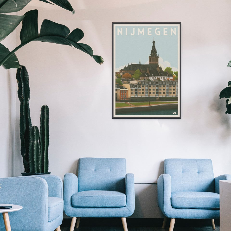 Uniek Nijmegen vintage stadsposter, te zien zijn de Waalkade en op de achtergrond de Stevenskerk.