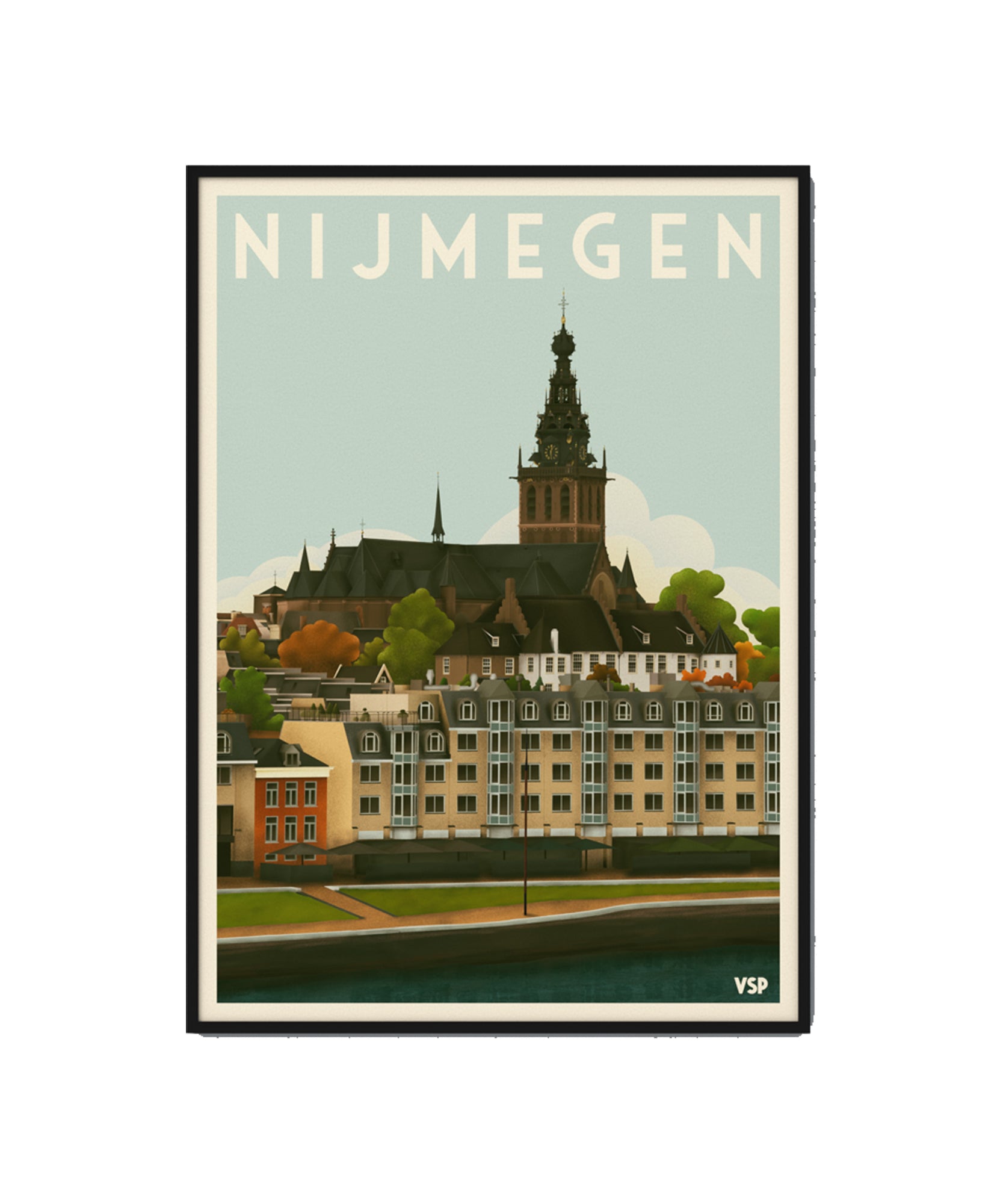 Nijmegen Vintage Stadsposter inclusief mat zwarte lijst.  Op de poster staat de Waalkade en op de achtergrond de Stevenskerk, in een vintage look.