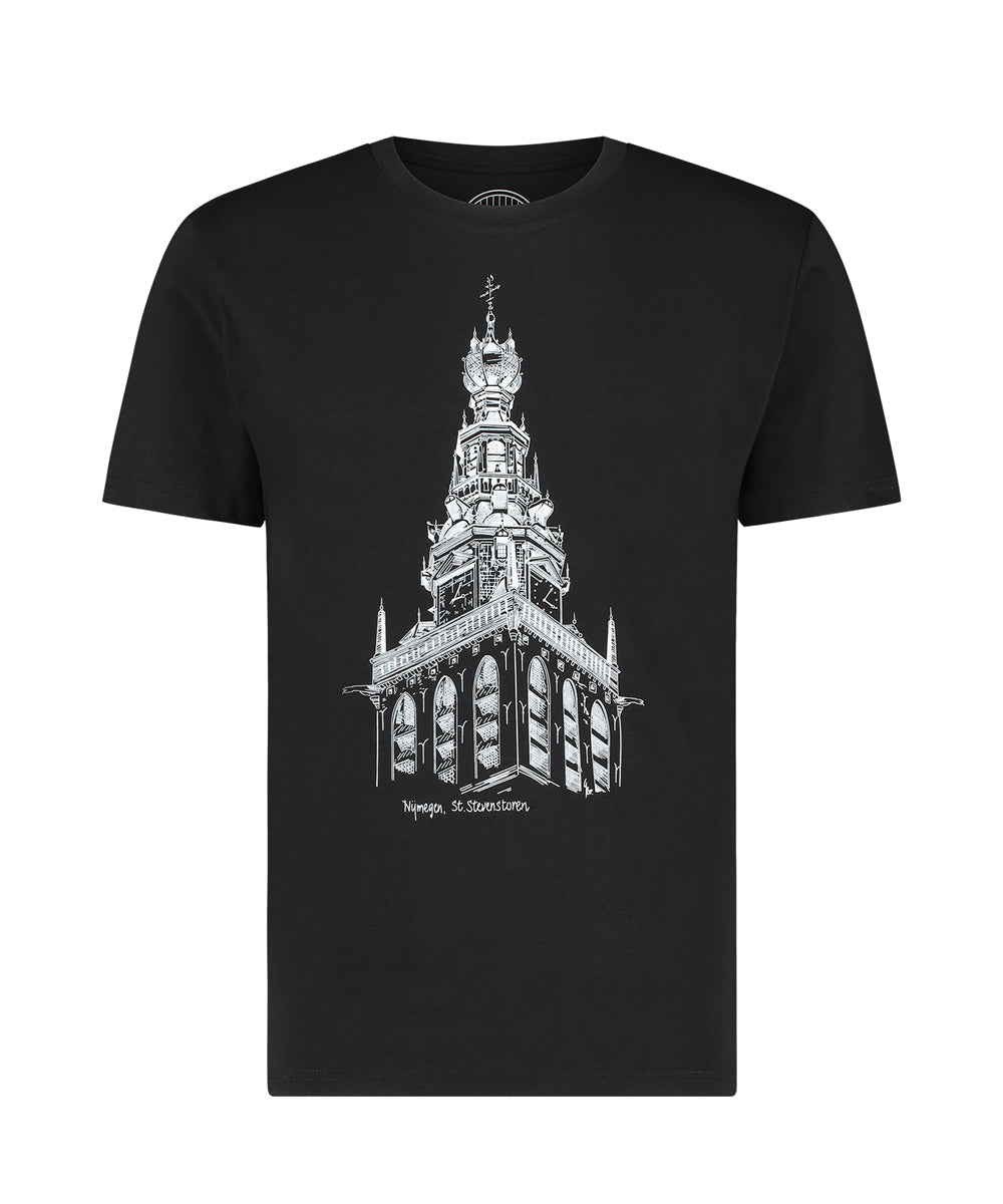 Zwarte t-shirt met St Stevens kerk print in het wit ilovenijmegen.nl